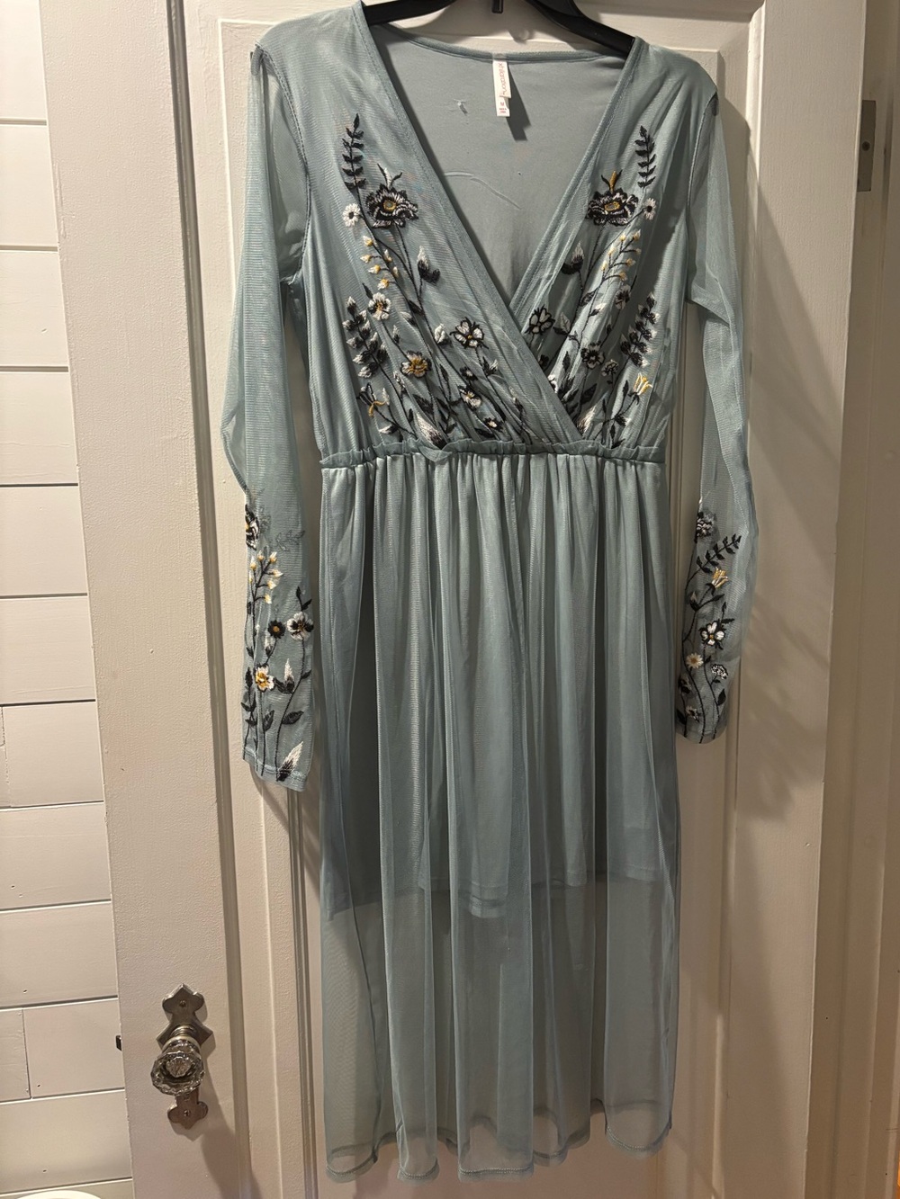 Xhilaration Light Blue Embroidered Long Sleeve Mesh Dress